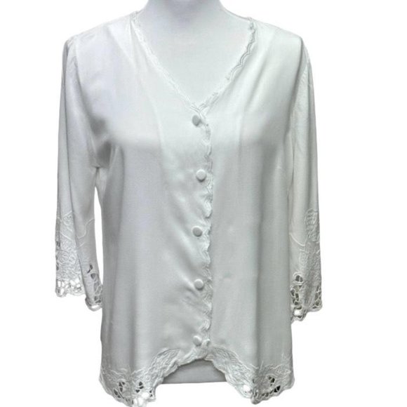 Soft Surroundings Elbow Length Cut Out Embroidered Edging White Blouse‎ Size S - Picture 1 of 10